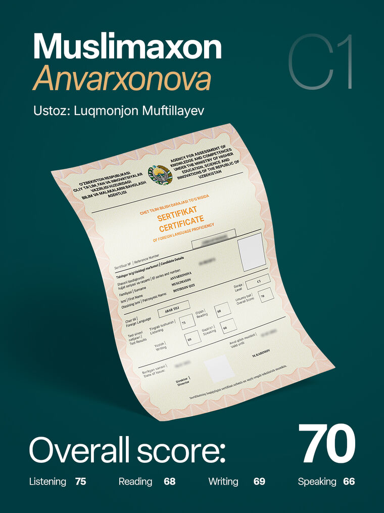 Muslimaxon Anvarxonova — arab tili C1 sertifikati, umumiy ball 70