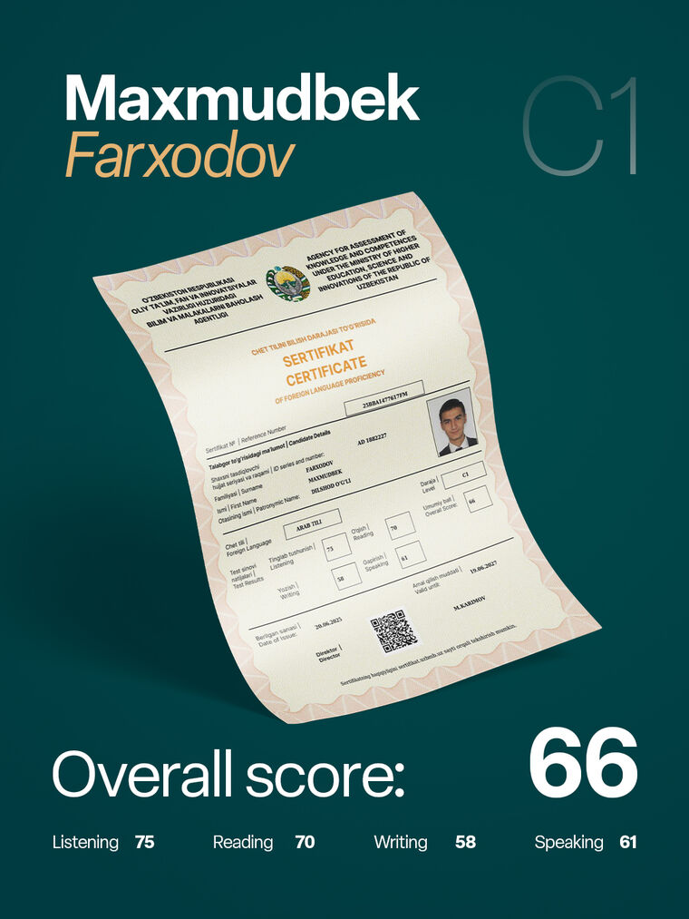 Maxmudbek Farxodov — arab tili C1 sertifikati, umumiy ball 66