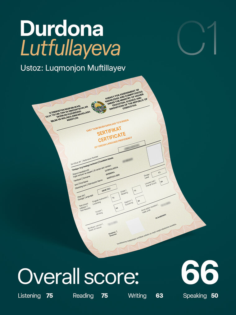 Durdona Lutfullayeva — arab tili C1 sertifikati, umumiy ball 66