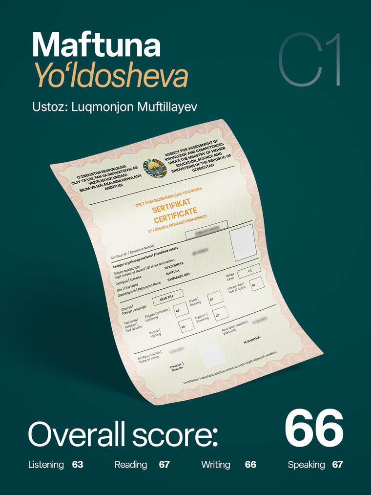 Maftuna Yo'ldosheva — arab tili C1 sertifikati, umumiy ball 66