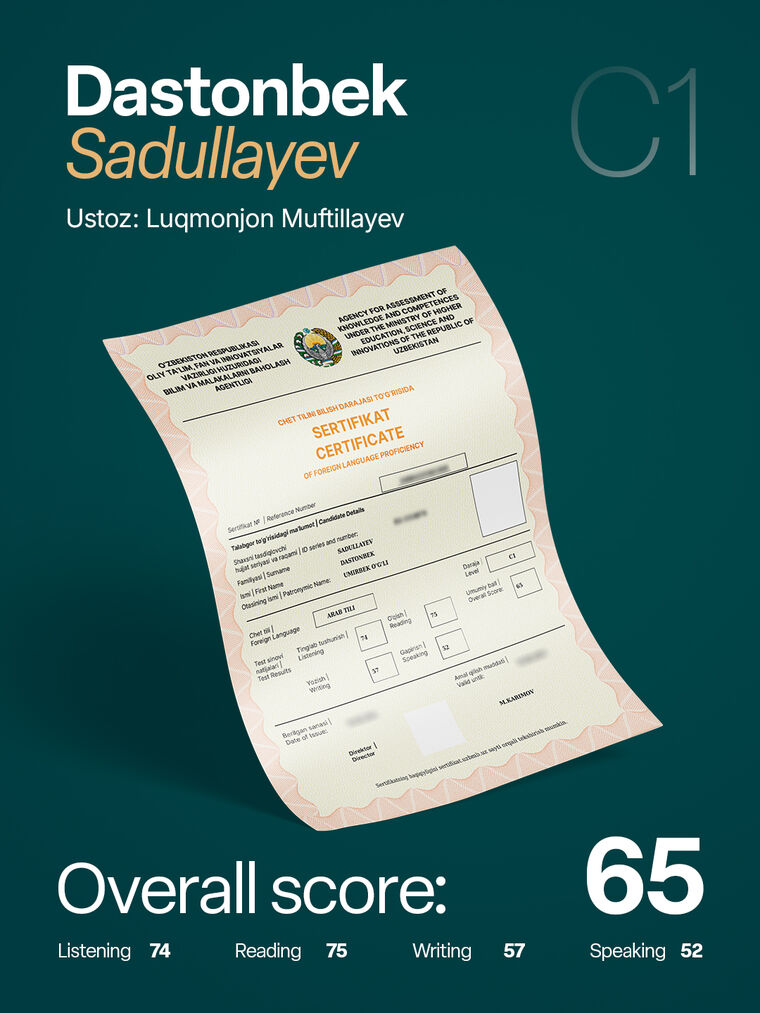 Dastonbek Sadullayev — arab tili C1 sertifikati, umumiy ball 65