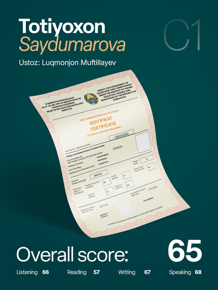 Totiyoxon Saydumarova — arab tili C1 sertifikati, umumiy ball 65
