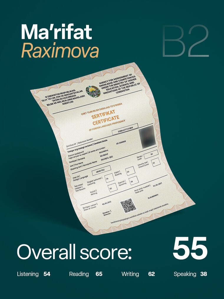 Ma'rifat Raximova — arab tili B2 sertifikati, umumiy ball 55
