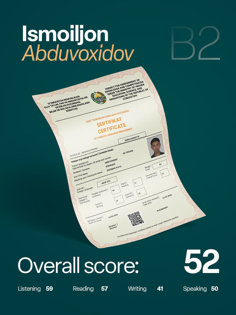Ismoiljon Abduvoxidov — arab tili B2 sertifikati, umumiy ball 52